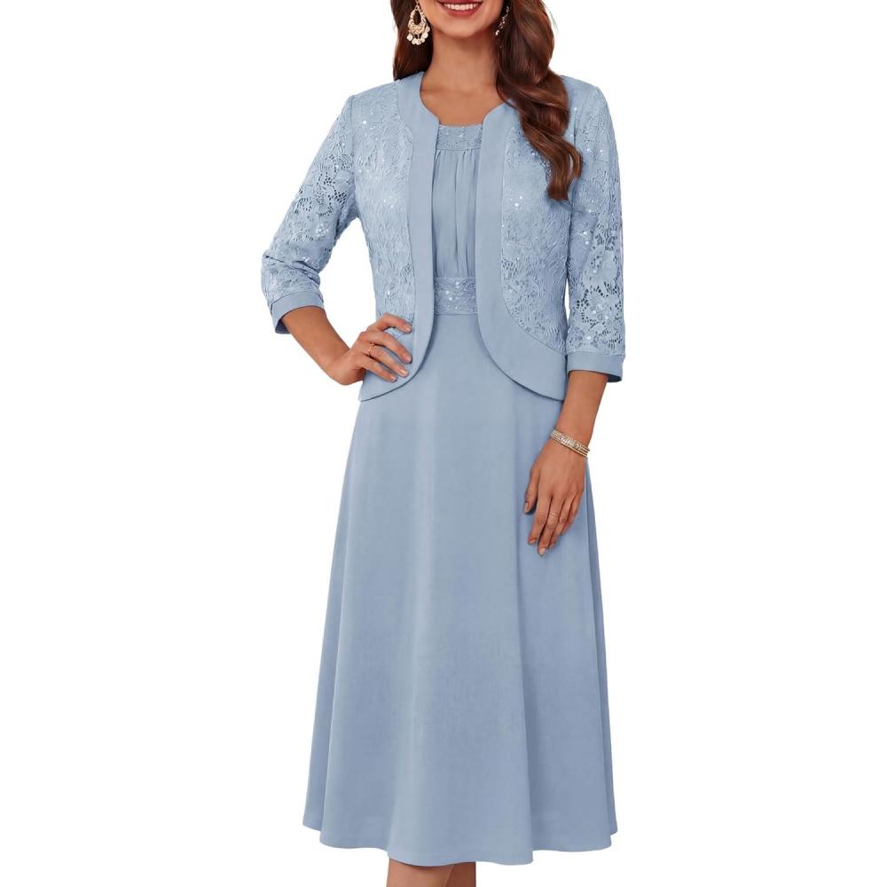 imageGRACE KARIN Womens Formal Wedding Guest Dress2 Piece Mother of The Bride DressesTea Party Sequin Dress with JacketGray Blue