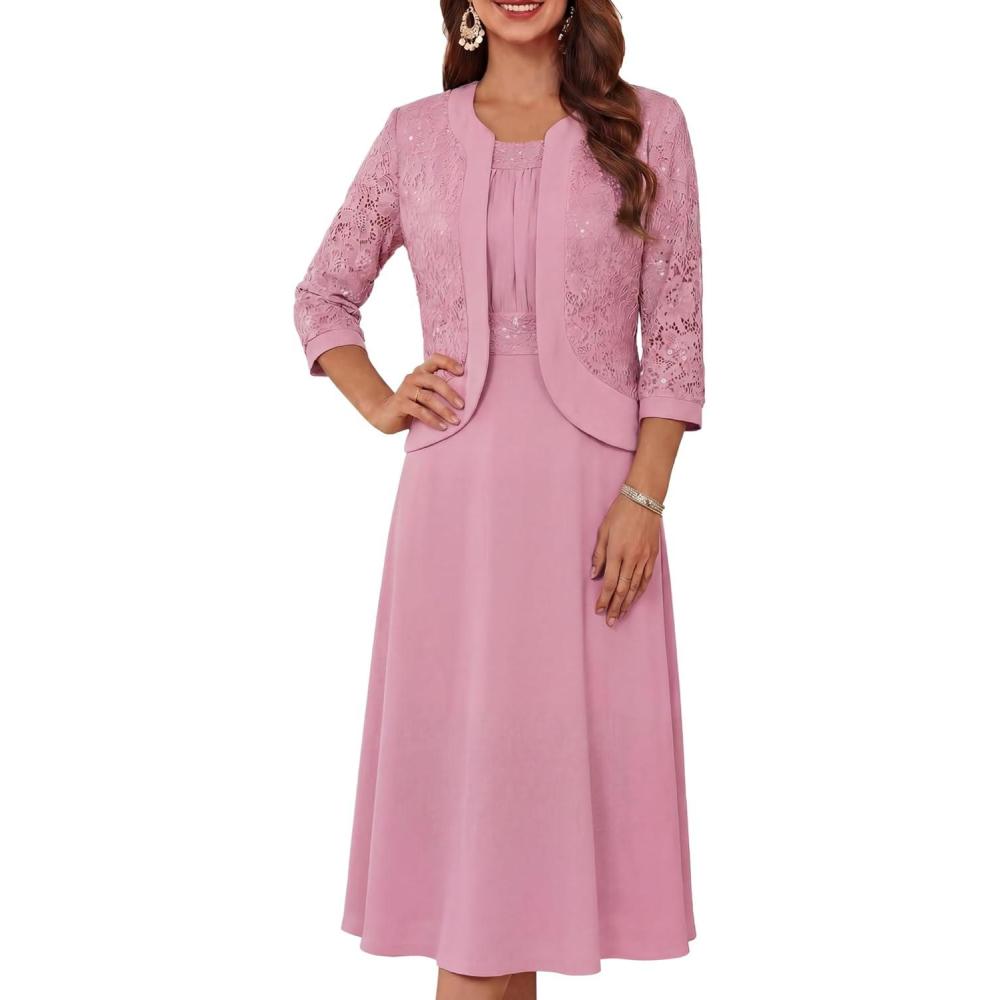 imageGRACE KARIN Womens Formal Wedding Guest Dress2 Piece Mother of The Bride DressesTea Party Sequin Dress with JacketPink