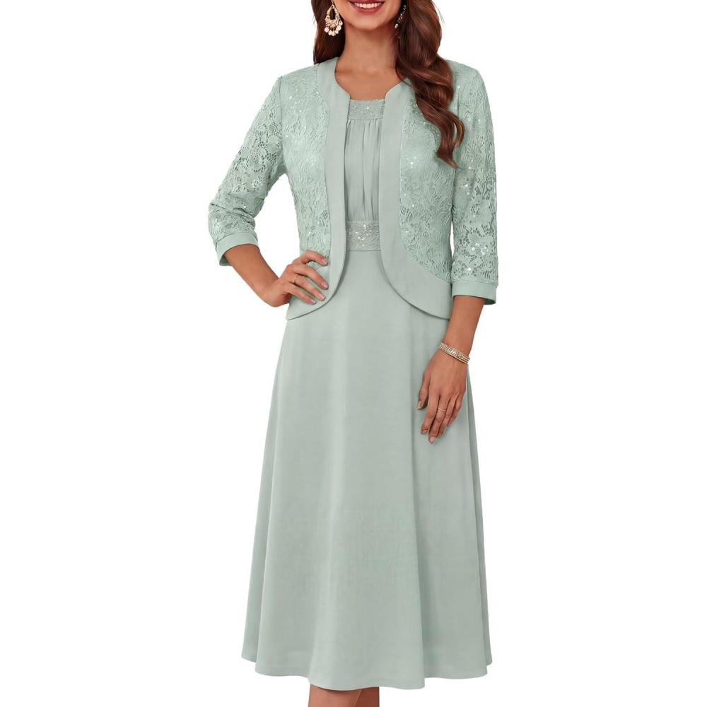 imageGRACE KARIN Womens Formal Wedding Guest Dress2 Piece Mother of The Bride DressesTea Party Sequin Dress with JacketSage Green