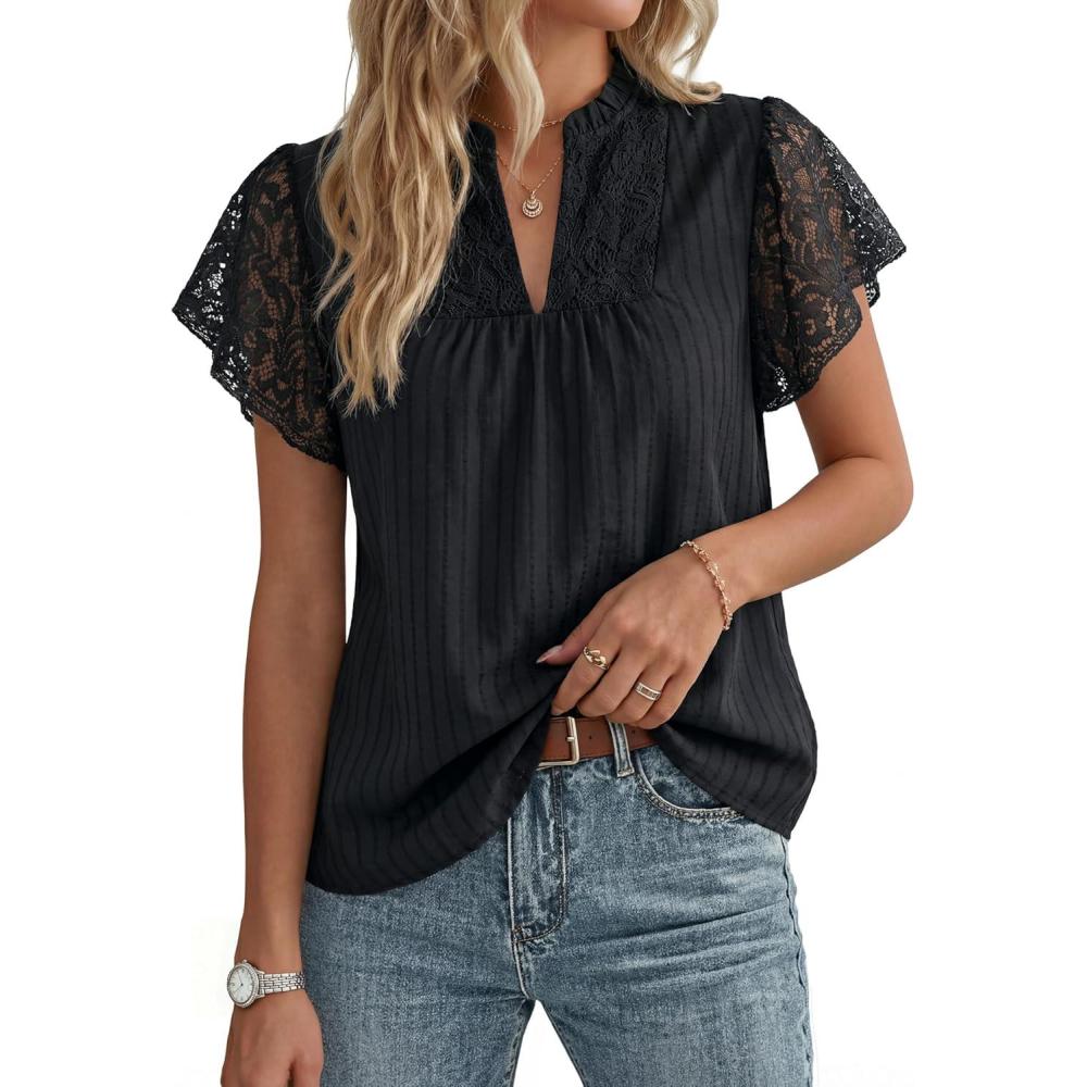 imageGRACE KARIN Womens Lace Short Sleeve Tops Summer Dressy Casual Cotton Blouses Flowy V Neck Dress Shirts Trendy Clothing 2026Black