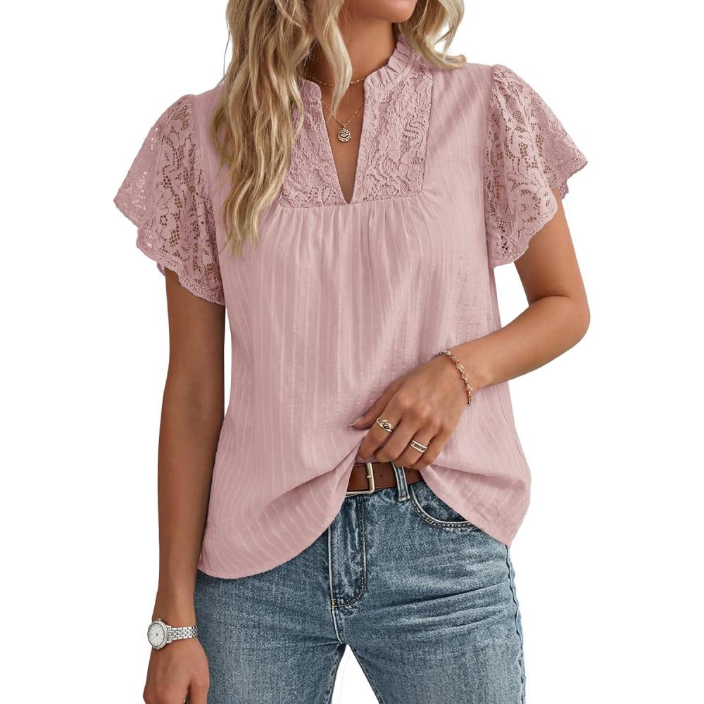imageGRACE KARIN Womens Lace Short Sleeve Tops Summer Dressy Casual Cotton Blouses Flowy V Neck Dress Shirts Trendy Clothing 2026Dusty Pink