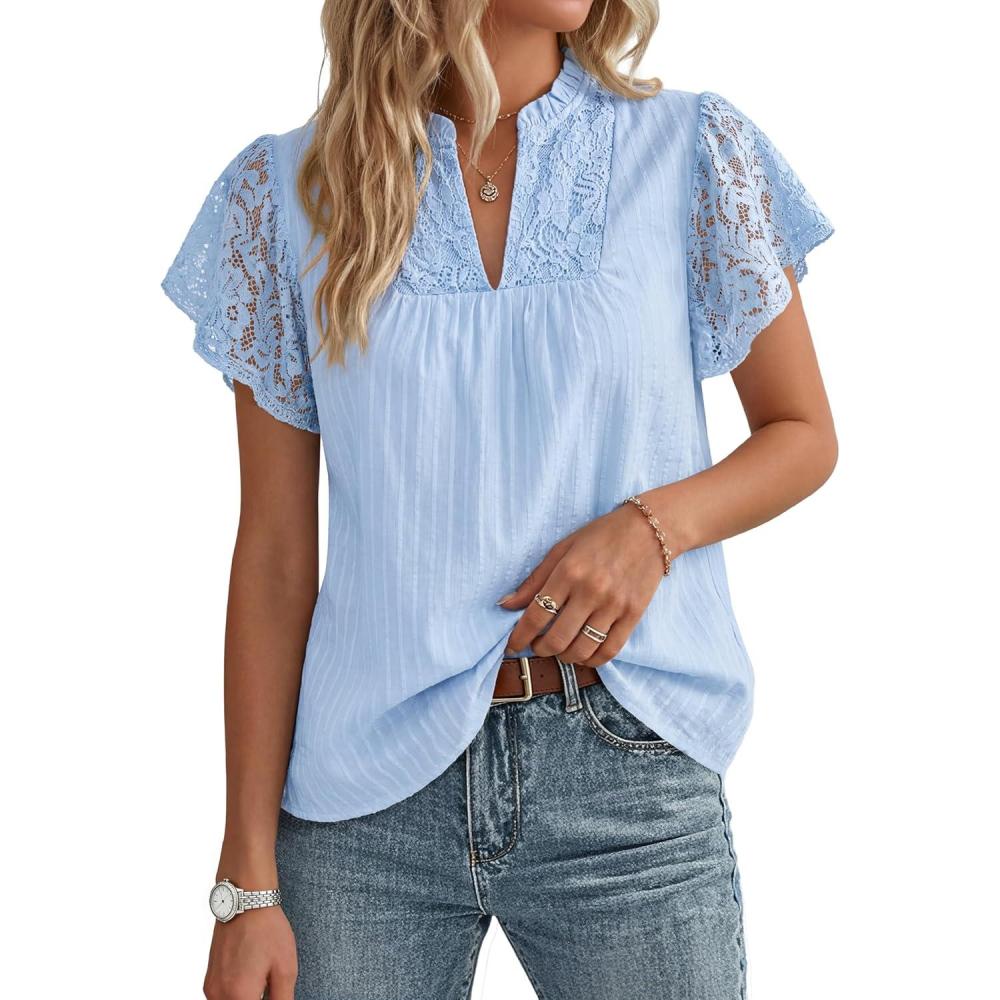 imageGRACE KARIN Womens Lace Short Sleeve Tops Summer Dressy Casual Cotton Blouses Flowy V Neck Dress Shirts Trendy Clothing 2026Light Blue