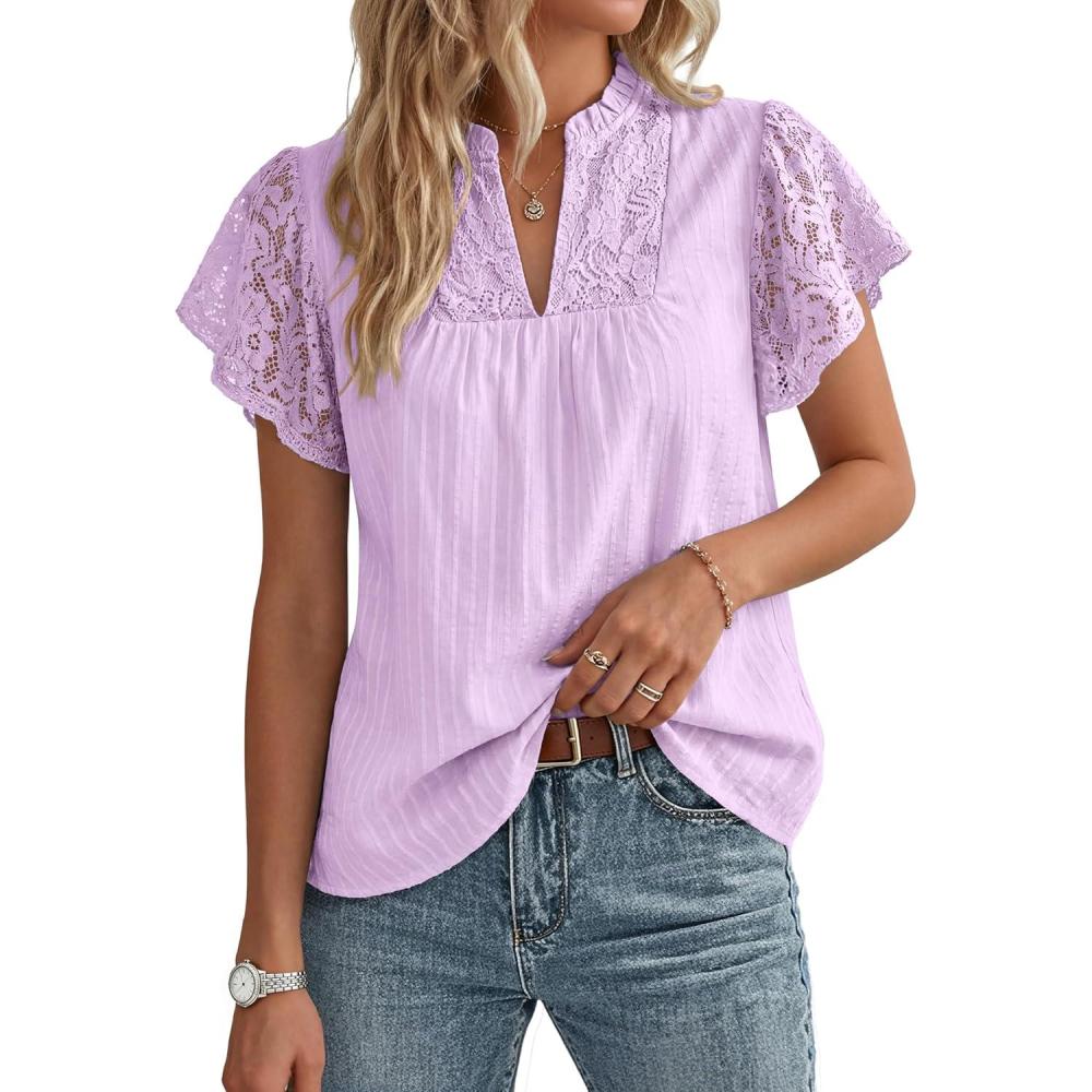 imageGRACE KARIN Womens Lace Short Sleeve Tops Summer Dressy Casual Cotton Blouses Flowy V Neck Dress Shirts Trendy Clothing 2026Purple