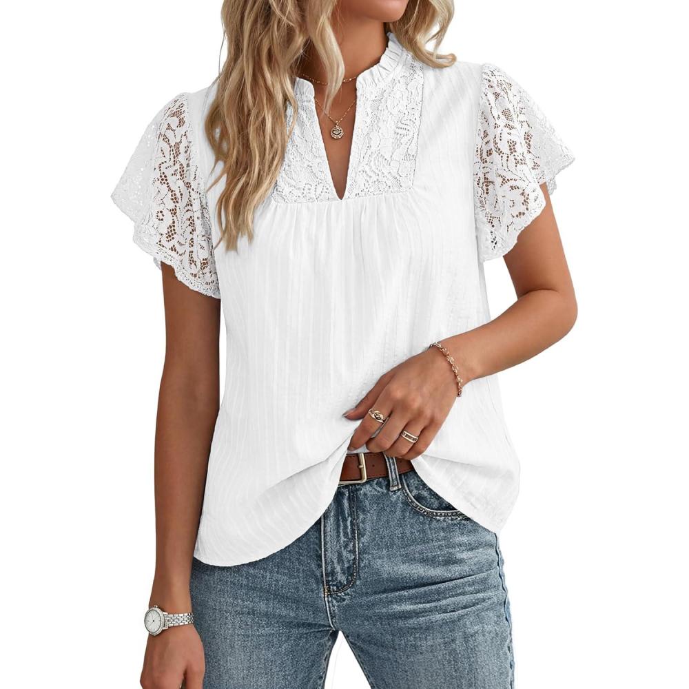 imageGRACE KARIN Womens Lace Short Sleeve Tops Summer Dressy Casual Cotton Blouses Flowy V Neck Dress Shirts Trendy Clothing 2026White
