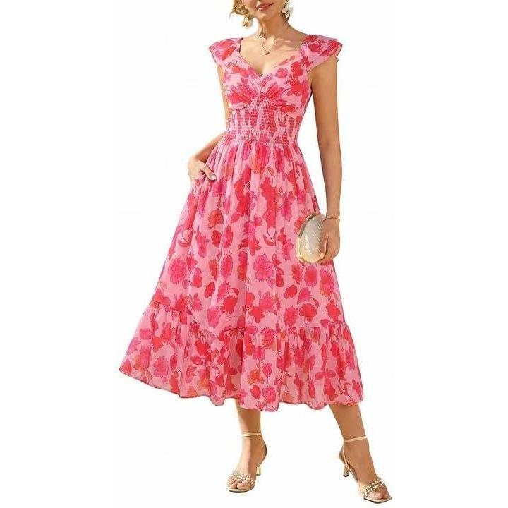 imageGRACE KARIN Womens Summer Floral Maxi Dress 2026 Ruffle Sleeve Smocked Sundress Flowy Wedding Guest Long Dresses with PocketRed Floral