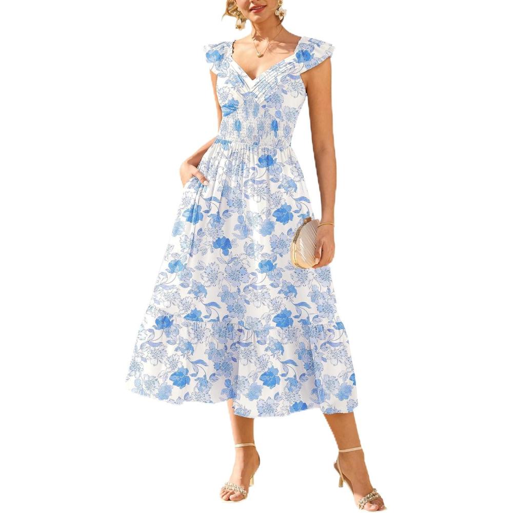 imageGRACE KARIN Womens Summer Floral Maxi Dress 2026 Ruffle Sleeve Smocked Sundress Flowy Wedding Guest Long Dresses with PocketWhite Blue