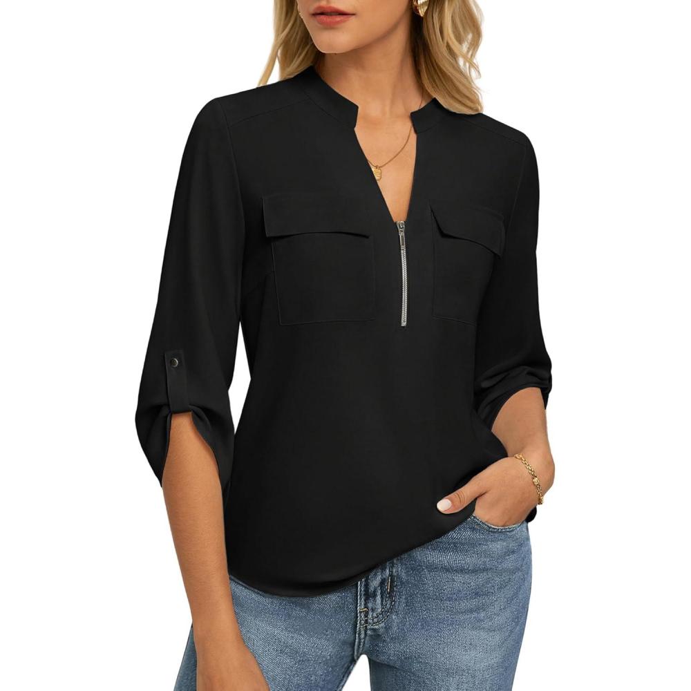 imageWomens Business Casual Tops34 Sleeve Henley Shirts with Zip UpOffice Work Blouses Lightweight SummerBlack