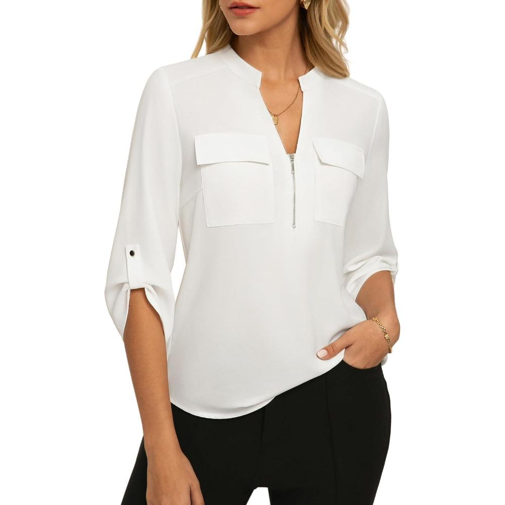 imageWomens Business Casual Tops34 Sleeve Henley Shirts with Zip UpOffice Work Blouses Lightweight SummerWhite