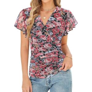 GRACE KARIN 2026 Womens Mesh Tops Summer Ruffle Sleeve Dressy Casual Top Floral Wrap Blouse Fashion Outfits(Floral)