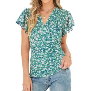 GRACE KARIN 2026 Womens Mesh Tops Summer Ruffle Sleeve Dressy Casual Top Floral Wrap Blouse Fashion Outfits(Green White)