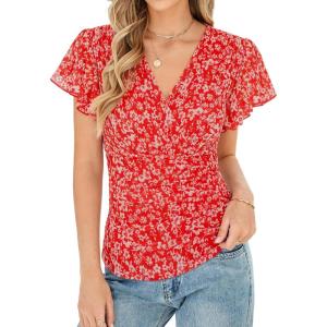 GRACE KARIN 2026 Womens Mesh Tops Summer Ruffle Sleeve Dressy Casual Top Floral Wrap Blouse Fashion Outfits(Red White)
