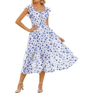 GRACE KARIN 2026 Women’s Spring Floral Midi Dress Square Neck Beach Wedding Guest Dresses Flowy A Line Casual Summer Clothes(Blue Floral)