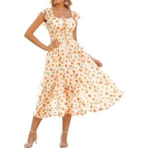 GRACE KARIN 2026 Women’s Spring Floral Midi Dress Square Neck Beach Wedding Guest Dresses Flowy A Line Casual Summer Clothes(Orange Floral)