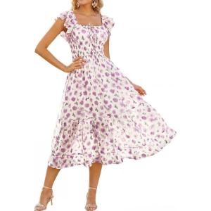 GRACE KARIN 2026 Women’s Spring Floral Midi Dress Square Neck Beach Wedding Guest Dresses Flowy A Line Casual Summer Clothes(Purple Floral)