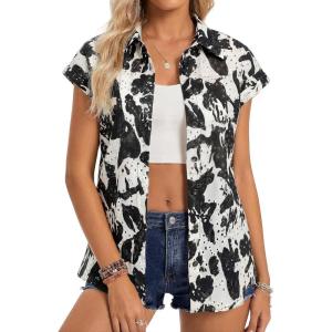 GRACE KARIN Floral Eyelet Spring Summer Tops for Women,2026 V Neck Dressy Casual Shirts,Boho Button Down Short Sleeve Blouses(Black)