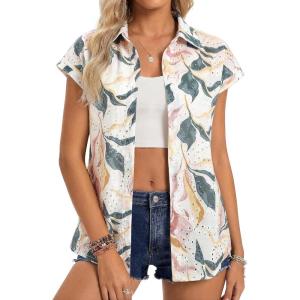 GRACE KARIN Floral Eyelet Spring Summer Tops for Women,2026 V Neck Dressy Casual Shirts,Boho Button Down Short Sleeve Blouses(Dark Green)