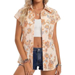 GRACE KARIN Floral Eyelet Spring Summer Tops for Women,2026 V Neck Dressy Casual Shirts,Boho Button Down Short Sleeve Blouses(Orange)