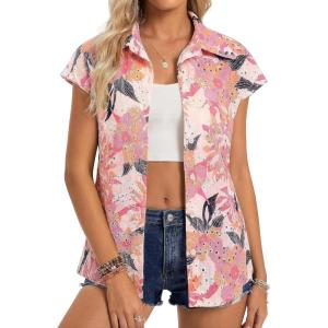 GRACE KARIN Floral Eyelet Spring Summer Tops for Women,2026 V Neck Dressy Casual Shirts,Boho Button Down Short Sleeve Blouses(Pink)