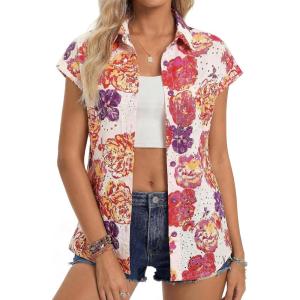 GRACE KARIN Floral Eyelet Spring Summer Tops for Women,2026 V Neck Dressy Casual Shirts,Boho Button Down Short Sleeve Blouses(Red)