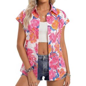 GRACE KARIN Floral Eyelet Spring Summer Tops for Women,2026 V Neck Dressy Casual Shirts,Boho Button Down Short Sleeve Blouses(Rose Red)