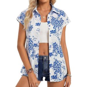 GRACE KARIN Floral Eyelet Spring Summer Tops for Women,2026 V Neck Dressy Casual Shirts,Boho Button Down Short Sleeve Blouses(White Blue)