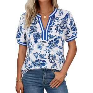 GRACE KARIN Women Boho Floral Tops, 2026 Summer V Neck Puff Short Sleeve Dressy Casual Shirts(Blue and White Porcelain)