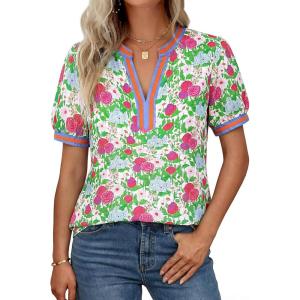 GRACE KARIN Women Boho Floral Tops, 2026 Summer V Neck Puff Short Sleeve Dressy Casual Shirts(Daisy)