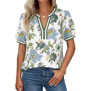 GRACE KARIN Women Boho Floral Tops, 2026 Summer V Neck Puff Short Sleeve Dressy Casual Shirts(Green Flower)