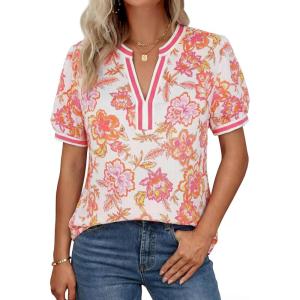 GRACE KARIN Women Boho Floral Tops, 2026 Summer V Neck Puff Short Sleeve Dressy Casual Shirts(Pink Flower)