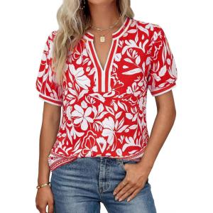 GRACE KARIN Women Boho Floral Tops, 2026 Summer V Neck Puff Short Sleeve Dressy Casual Shirts(Red Flower)
