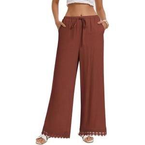 GRACE KARIN Women Linen Pants Wide Leg Casual Palazzo Pants Flowy Beach Summer Trousers Pants with Pockets(Brick Red)