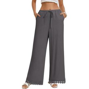 GRACE KARIN Women Linen Pants Wide Leg Casual Palazzo Pants Flowy Beach Summer Trousers Pants with Pockets(Dark Grey)