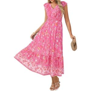 GRACE KARIN Women’s 2026 Summer Floral Midi Dress,V Neck Ruffle Cap Sleeve Dresses,Flowy Wedding Vacation Beach Dresses(Pink Orange)