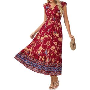 GRACE KARIN Women’s 2026 Summer Floral Midi Dress,V Neck Ruffle Cap Sleeve Dresses,Flowy Wedding Vacation Beach Dresses(Red Yellow)