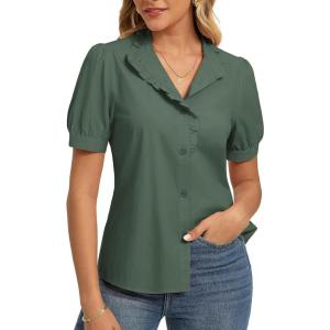 GRACE KARIN Women’s 2026 Summer Short Sleeve Tops, Dressy Casual V Neck Blouses, Trendy Button Down Shirts Work Office(Army Green)