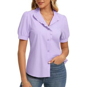 GRACE KARIN Women’s 2026 Summer Short Sleeve Tops, Dressy Casual V Neck Blouses, Trendy Button Down Shirts Work Office(Light Purple)