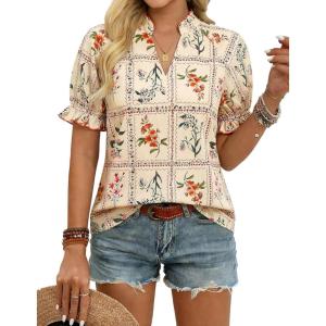 GRACE KARIN Womens Boho Summer Tops,V Neck Short Sleeve Blouses Casual,Floral Print Cotton Shirts Beach Vacation Clothes 2026(Beige Plaid Floral)