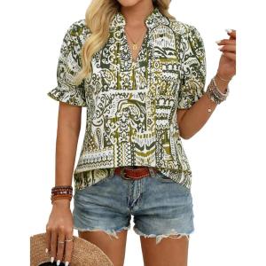 GRACE KARIN Womens Boho Summer Tops,V Neck Short Sleeve Blouses Casual,Floral Print Cotton Shirts Beach Vacation Clothes 2026(Green White Folk Floral)
