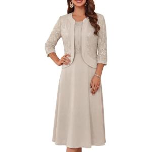 GRACE KARIN Women’s Formal Wedding Guest Dress,2 Piece Mother of The Bride Dresses,Tea Party Sequin Dress with Jacket(Apricot)