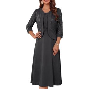 GRACE KARIN Women’s Formal Wedding Guest Dress,2 Piece Mother of The Bride Dresses,Tea Party Sequin Dress with Jacket(Black)