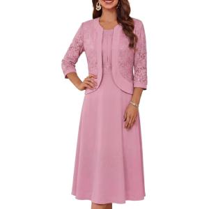 GRACE KARIN Women’s Formal Wedding Guest Dress,2 Piece Mother of The Bride Dresses,Tea Party Sequin Dress with Jacket(Pink)