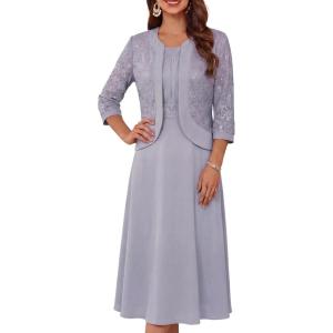 GRACE KARIN Women’s Formal Wedding Guest Dress,2 Piece Mother of The Bride Dresses,Tea Party Sequin Dress with Jacket(Purple Gray)
