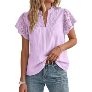 GRACE KARIN Womens Lace Short Sleeve Tops Summer Dressy Casual Cotton Blouses Flowy V Neck Dress Shirts Trendy Clothing 2026(Purple)