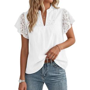 GRACE KARIN Womens Lace Short Sleeve Tops Summer Dressy Casual Cotton Blouses Flowy V Neck Dress Shirts Trendy Clothing 2026(White)