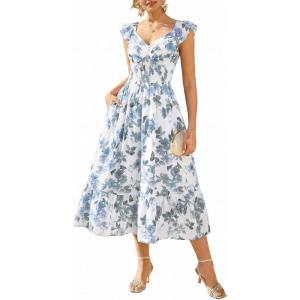 GRACE KARIN Women’s Summer Floral Maxi Dress 2026 Ruffle Sleeve Smocked Sundress Flowy Wedding Guest Long Dresses with Pocket(Gray Blue)