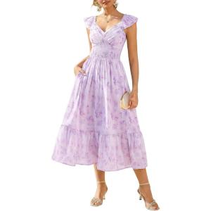 GRACE KARIN Women’s Summer Floral Maxi Dress 2026 Ruffle Sleeve Smocked Sundress Flowy Wedding Guest Long Dresses with Pocket(Lavender Floral)
