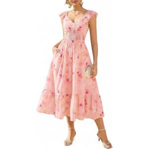 GRACE KARIN Women’s Summer Floral Maxi Dress 2026 Ruffle Sleeve Smocked Sundress Flowy Wedding Guest Long Dresses with Pocket(Orange Floral)