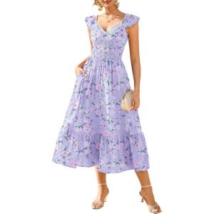 GRACE KARIN Women’s Summer Floral Maxi Dress 2026 Ruffle Sleeve Smocked Sundress Flowy Wedding Guest Long Dresses with Pocket(Purple Floral)