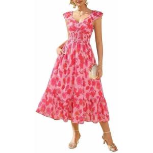 GRACE KARIN Women’s Summer Floral Maxi Dress 2026 Ruffle Sleeve Smocked Sundress Flowy Wedding Guest Long Dresses with Pocket(Red Floral)