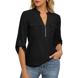 Womens Business Casual Tops,3/4 Sleeve Henley Shirts with Zip Up,Office Work Blouses Lightweight Summer(Black)